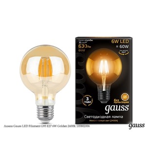  Gauss Лампа Gauss LED Filament G95 E27 6W Golden 2400K 105802006