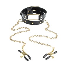 Чёрный с золотом ошейник с зажимами на соски Gold Collar and Nipple Clamps
