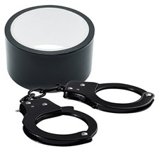 Набор для фиксации BONDX METAL CUFFS AND RIBBON: чёрные наручники из листового материала и липкая лента