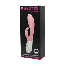 Розовый перезаряжаемый вибратор с клиторальным зайчиком Master Flirtation - 20 см.