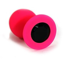 Розовая силиконовая анальная пробка с черным кристаллом - 7 см.