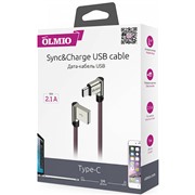 Кабель OLMIO (038769) USB-C 1м 2.1A коричневый угловой, тканевая оплетка