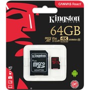 Карта памяти MicroSDXC 64 Gb Kingston class 10 100Mb/s Canvas React/UHS-I U3/SDCR/64GB/R-100Mb/sW-80Mb/s